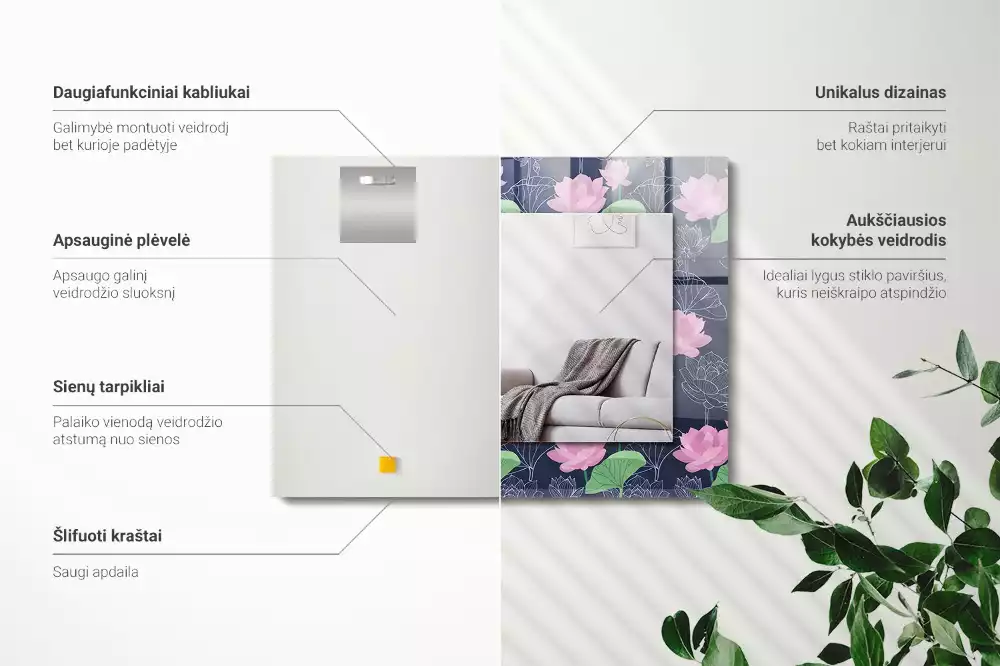 Obdélníkové zrcadlo s dekorem růžové květy lotosu