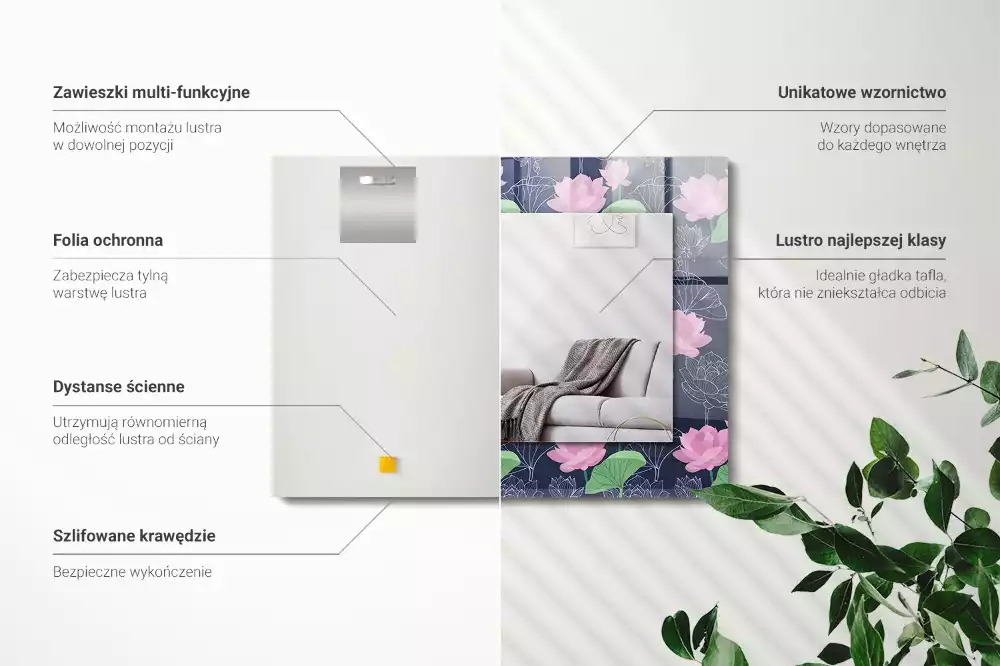 Obdélníkové zrcadlo s dekorem růžové květy lotosu