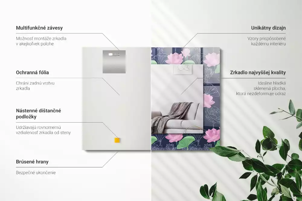 Obdélníkové zrcadlo s dekorem růžové květy lotosu