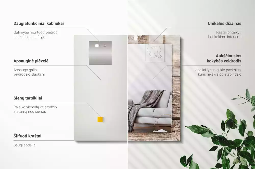 Obdélníkové dekorační zrcadlo na zeď květiny na podkladu dřeva
