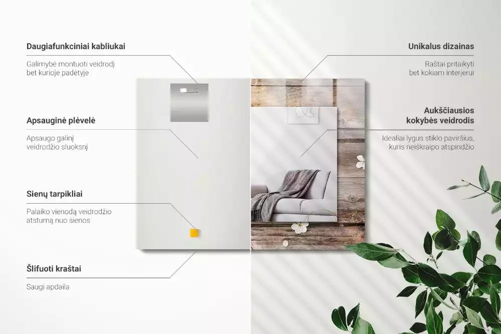 Obdélníkové dekorační zrcadlo na zeď květiny na podkladu dřeva