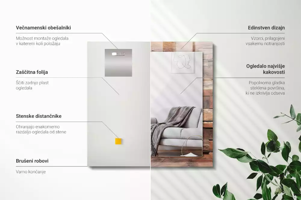 Obdélníkové zrcadlo s dekorem panelová dřevěná zeď