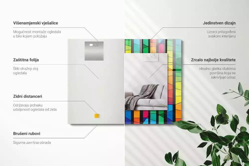 Obdélníkové dekorační zrcadlo na zeď barevné vitrážové pruhy
