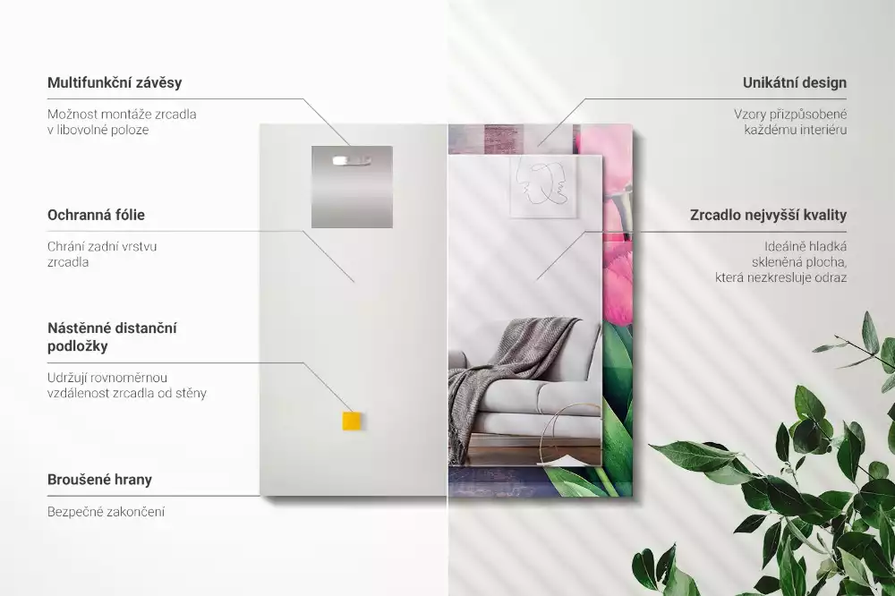 Obdélníkové zrcadlo rám s potiskem růžové tulipány na dřevě