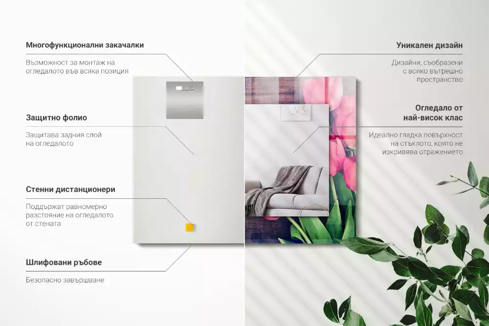 Obdélníkové zrcadlo rám s potiskem růžové tulipány na dřevě
