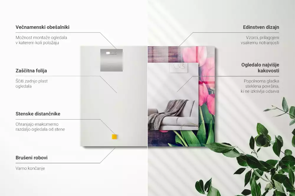 Obdélníkové zrcadlo rám s potiskem růžové tulipány na dřevě
