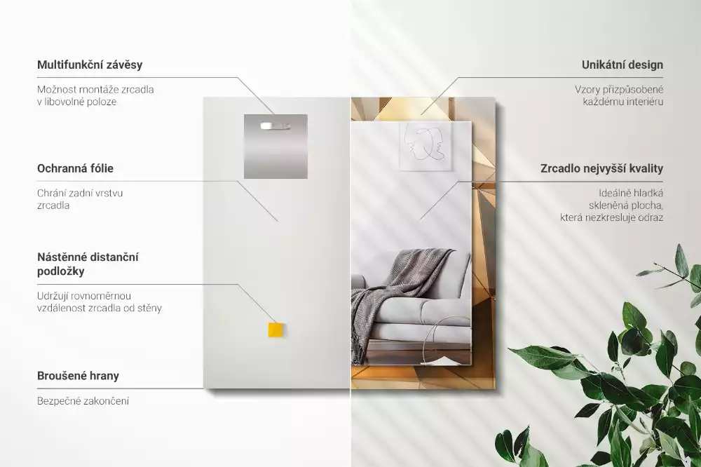 Obdélníkové dekorační zrcadlo na zeď zlaté geometrické vzory