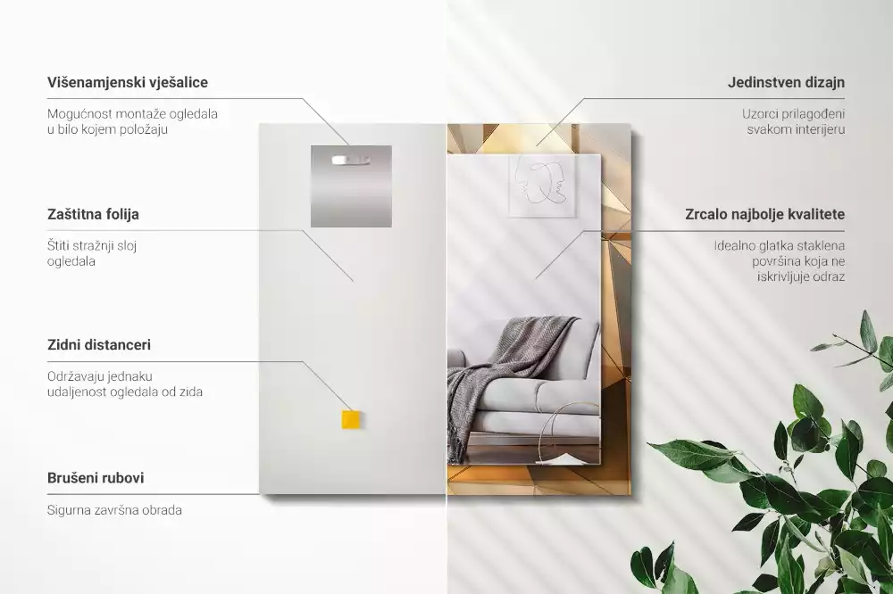 Obdélníkové dekorační zrcadlo na zeď zlaté geometrické vzory