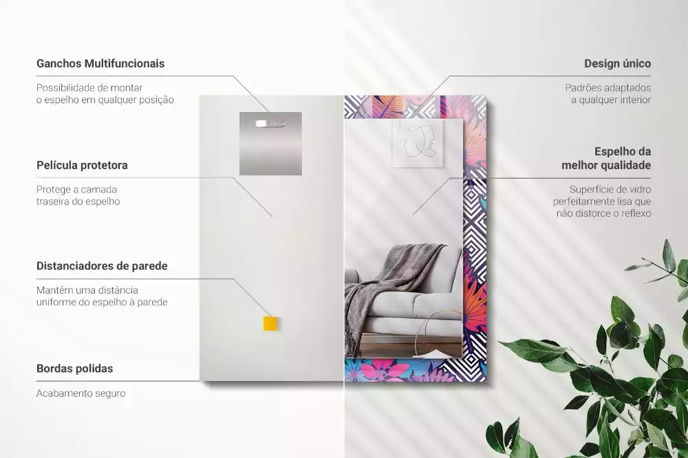 Obdélníkové zrcadlo rám s potiskem barevné tropické listy