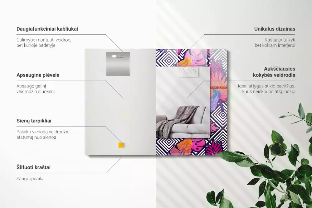Obdélníkové zrcadlo rám s potiskem barevné tropické listy