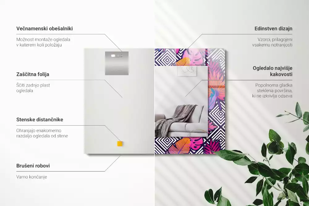 Obdélníkové zrcadlo rám s potiskem barevné tropické listy