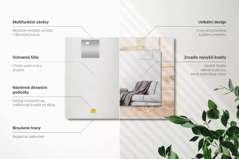 Obdélníkové zrcadlo s dekorem dřevo s sukami