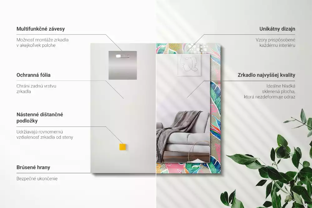 Obdélníkové dekorační zrcadlo na zeď květiny s listy