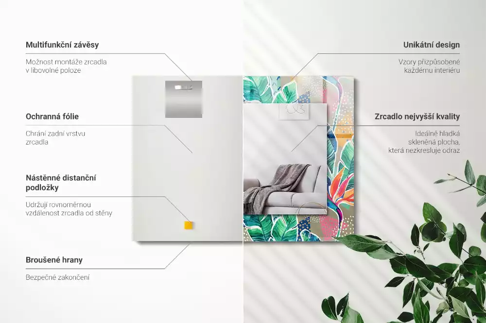 Obdélníkové dekorační zrcadlo na zeď květiny s listy