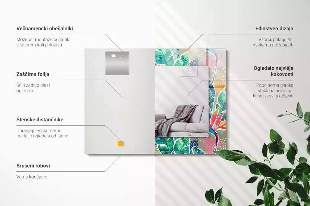 Obdélníkové dekorační zrcadlo na zeď květiny s listy