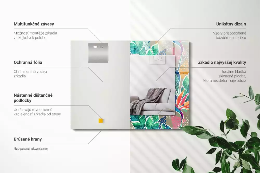 Obdélníkové dekorační zrcadlo na zeď květiny s listy