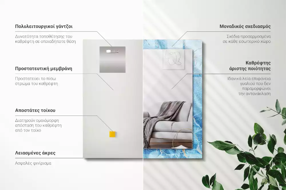 Obdélníkové zrcadlo rám s potiskem světle modrý mramorový vzor