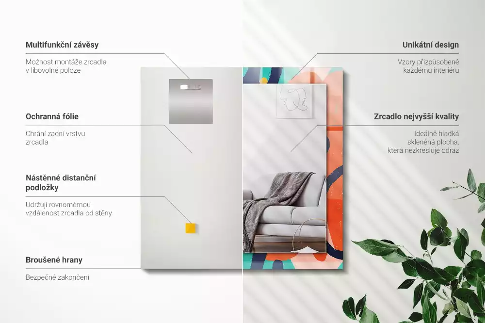 Obdélníkové dekorační zrcadlo na zeď barevná abstraktní grafika