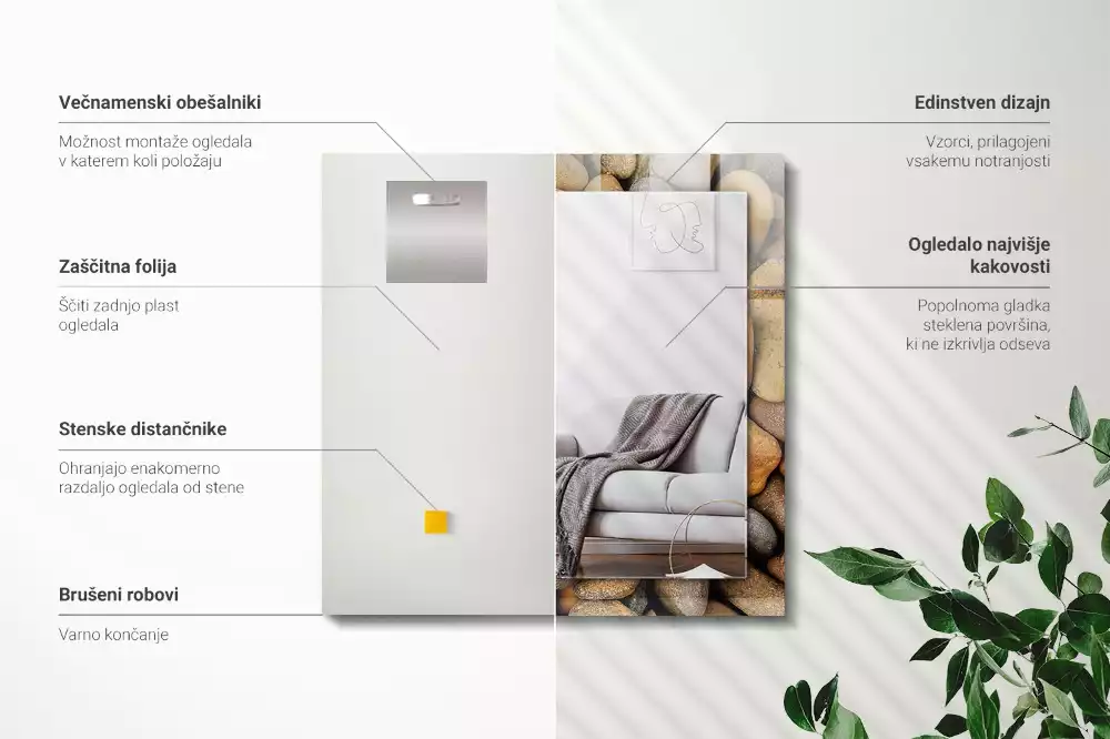 Obdélníkové zrcadlo s dekorem barevné hladké kamínky