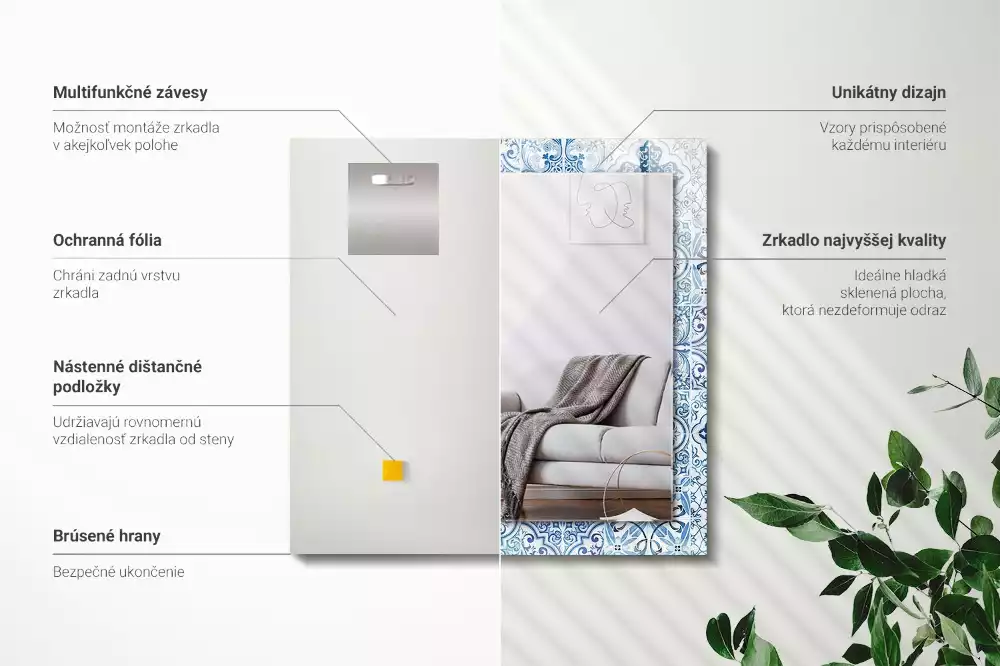 Obdélníkové zrcadlo rám s potiskem světle modré dekorativní obkladačky