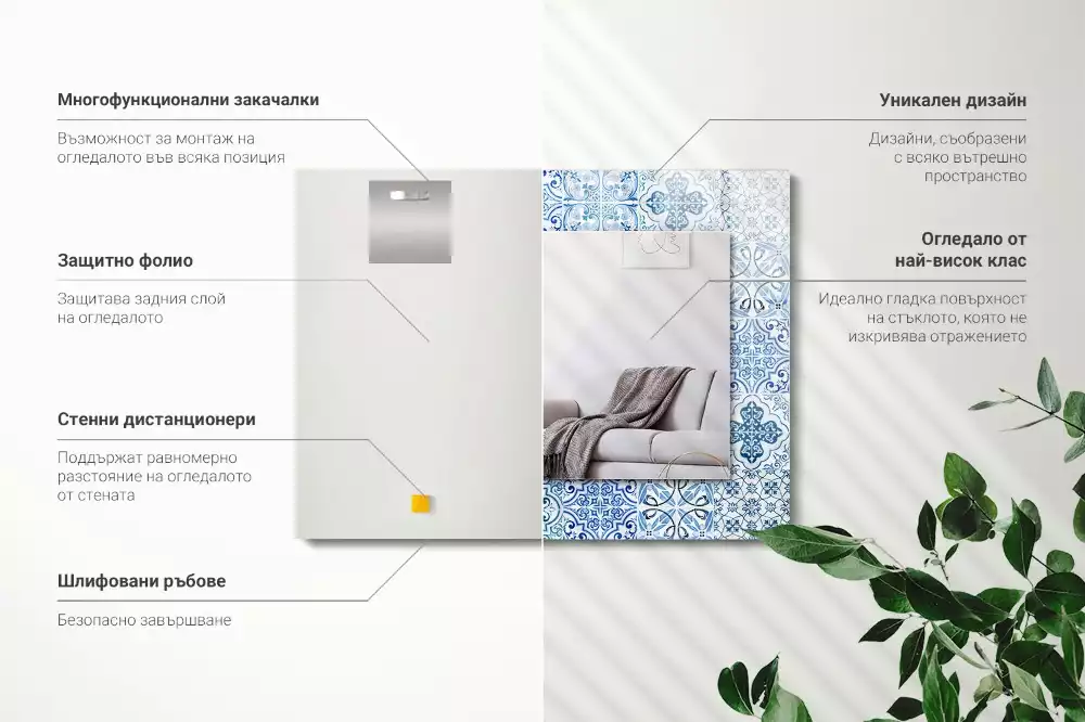 Obdélníkové zrcadlo rám s potiskem světle modré dekorativní obkladačky