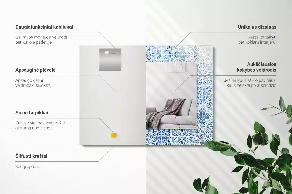 Obdélníkové zrcadlo rám s potiskem světle modré dekorativní obkladačky