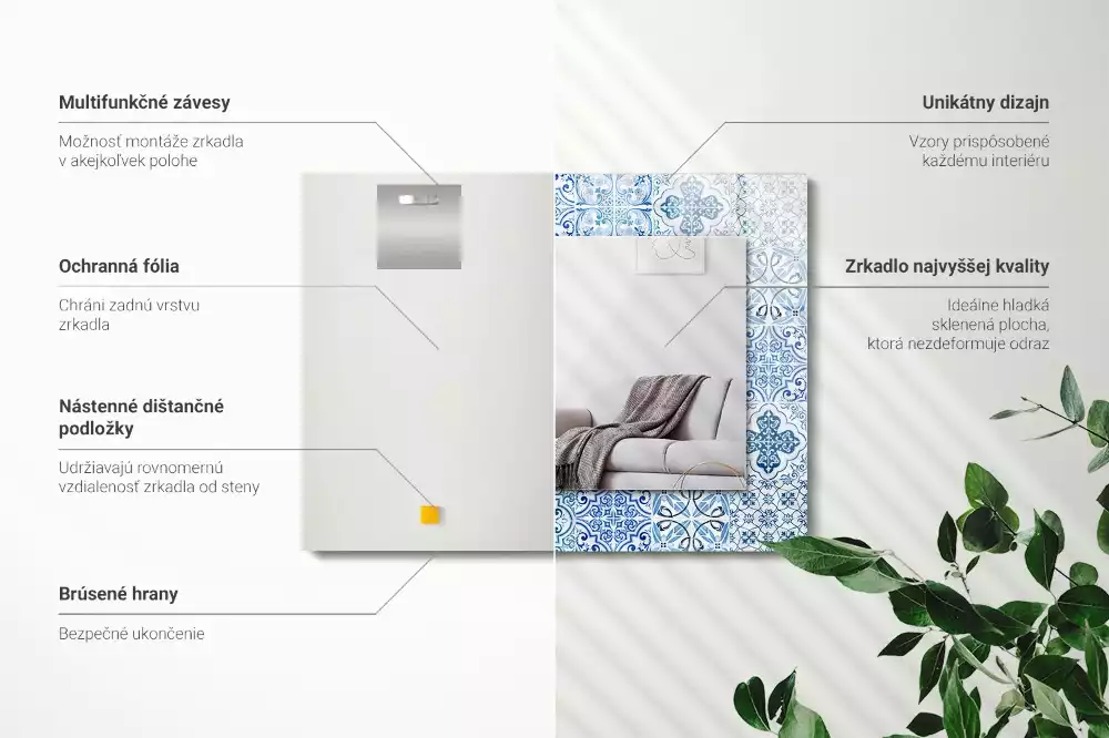 Obdélníkové zrcadlo rám s potiskem světle modré dekorativní obkladačky