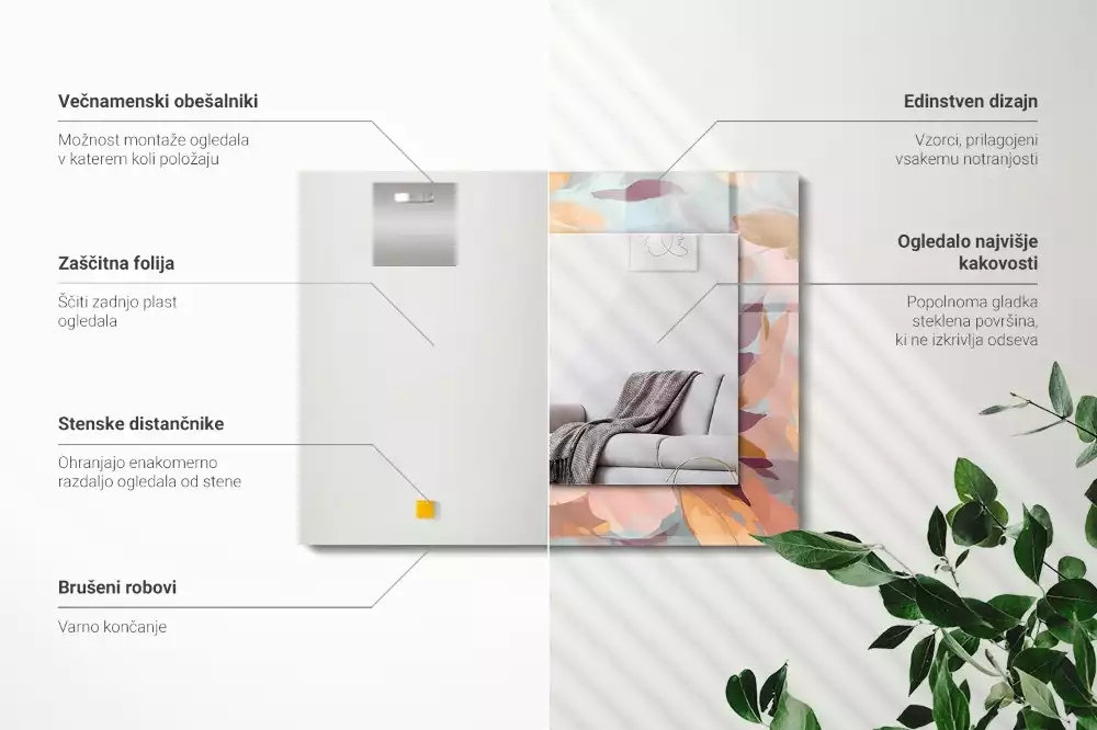 Obdélníkové zrcadlo s dekorem pastelové květiny a listy