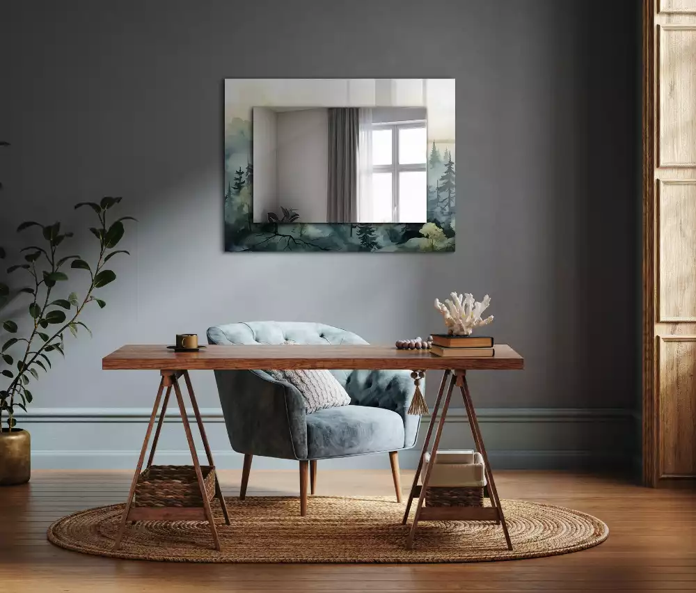 Obdélníkové dekorační zrcadlo na zeď les v mlze