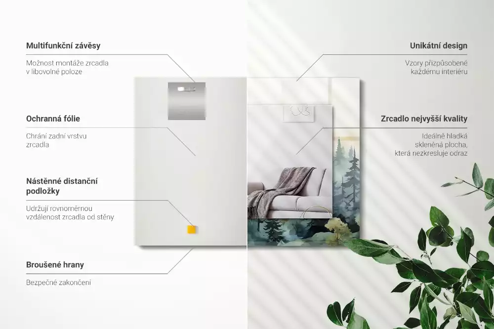 Obdélníkové dekorační zrcadlo na zeď les v mlze