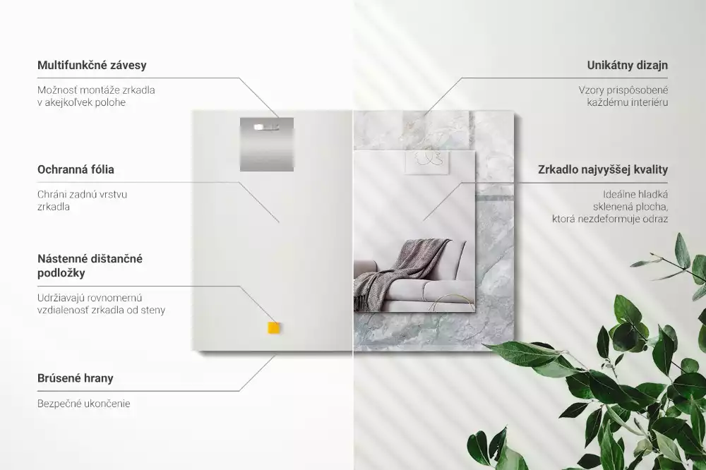 Obdélníkové zrcadlo rám s potiskem mramor se šedými žilkami