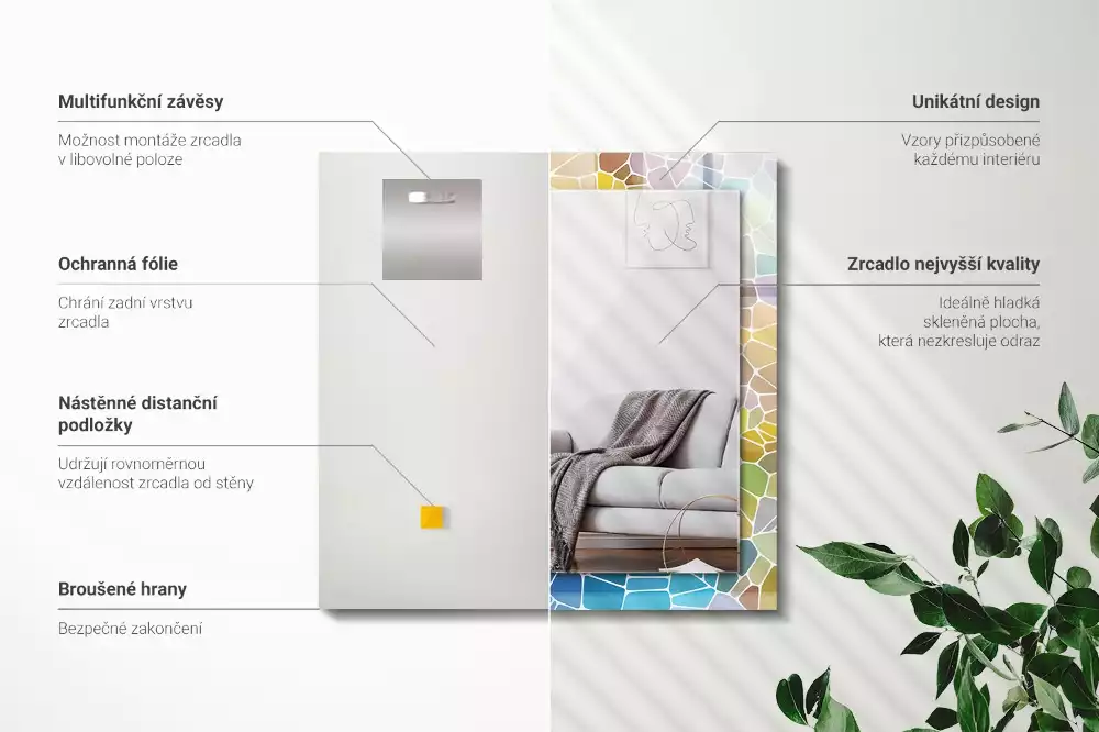 Obdélníkové zrcadlo rám s potiskem barevná abstraktní mozaika
