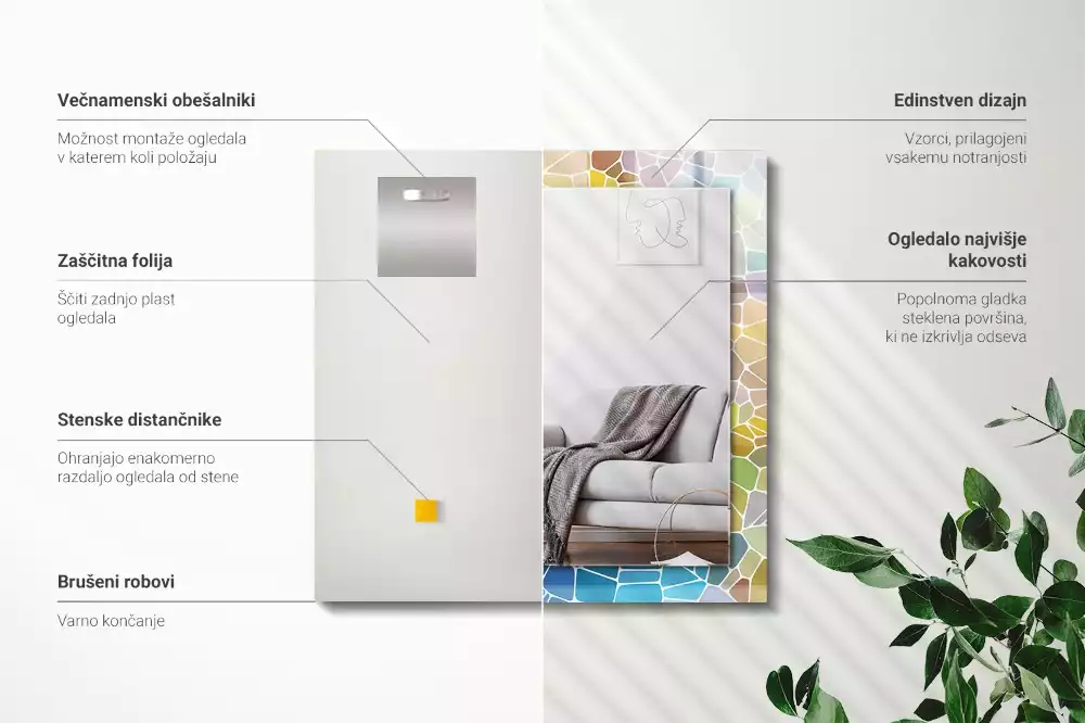 Obdélníkové zrcadlo rám s potiskem barevná abstraktní mozaika