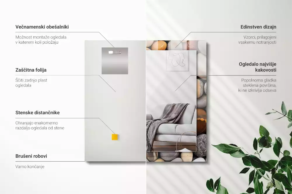 Obdélníkové dekorační zrcadlo na zeď barevné hladké kamínky