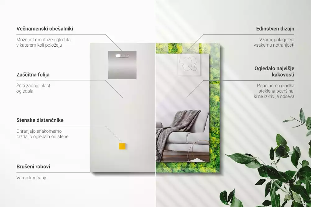 Obdélníkové zrcadlo rám s potiskem zelený mech