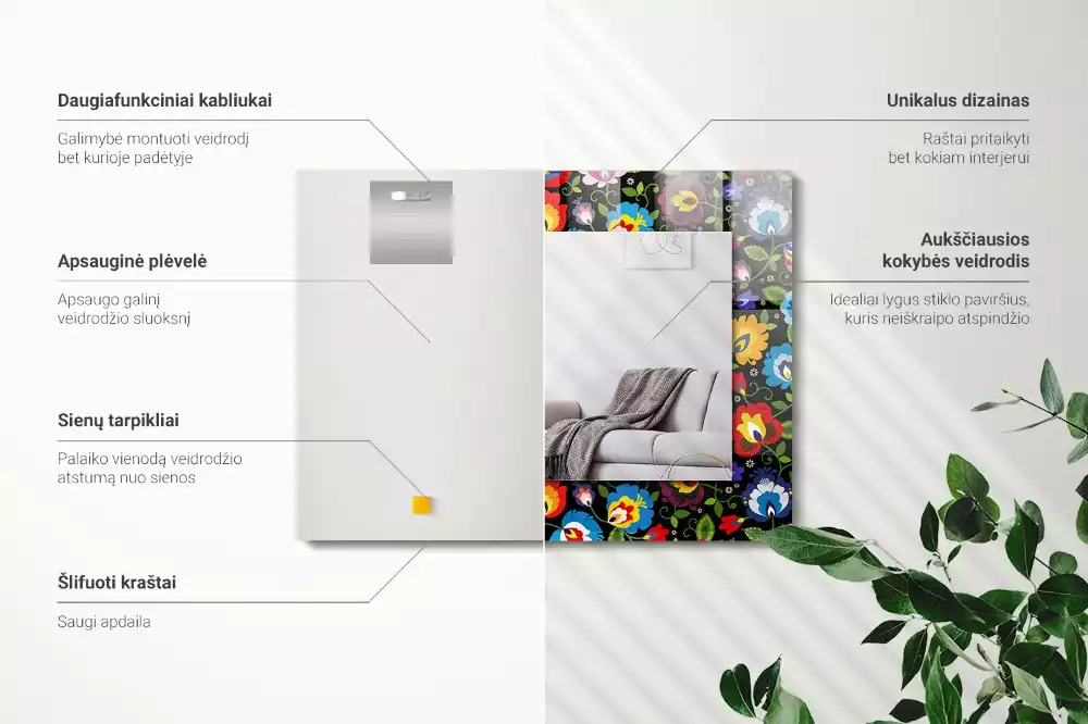 Obdélníkové zrcadlo rám s potiskem barevné lidové vzory