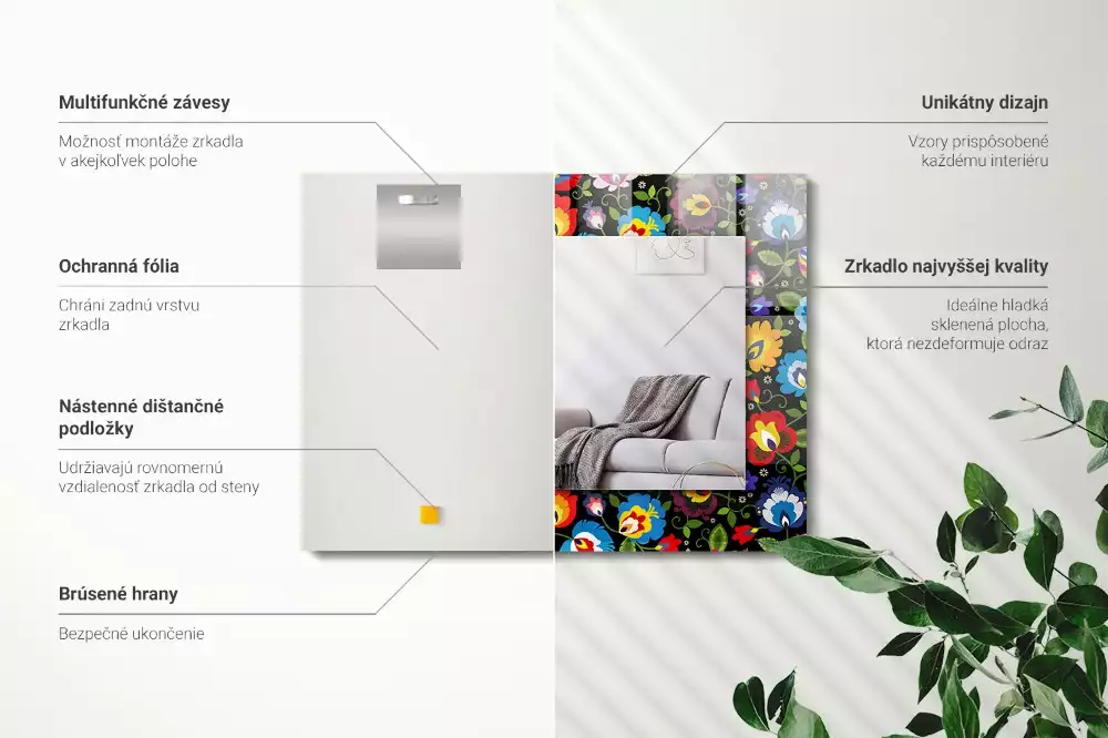 Obdélníkové zrcadlo rám s potiskem barevné lidové vzory