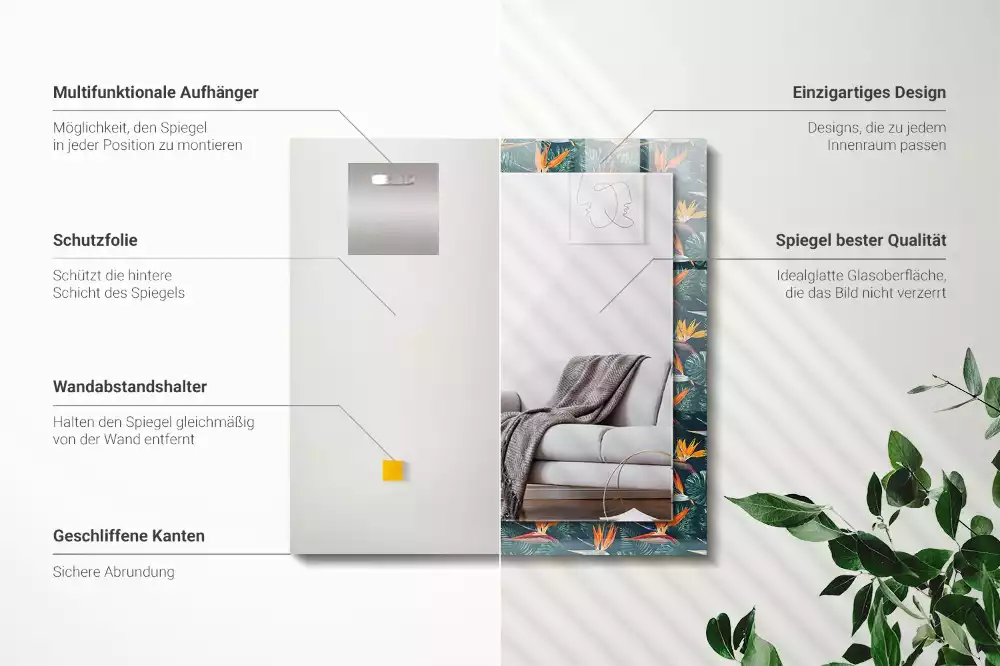 Obdélníkové dekorační zrcadlo na zeď květiny s listy