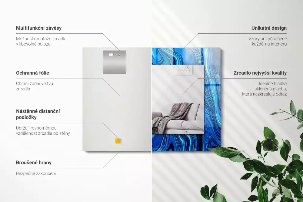 Obdélníkové dekorační zrcadlo na zeď abstraktní světle modrý vzor