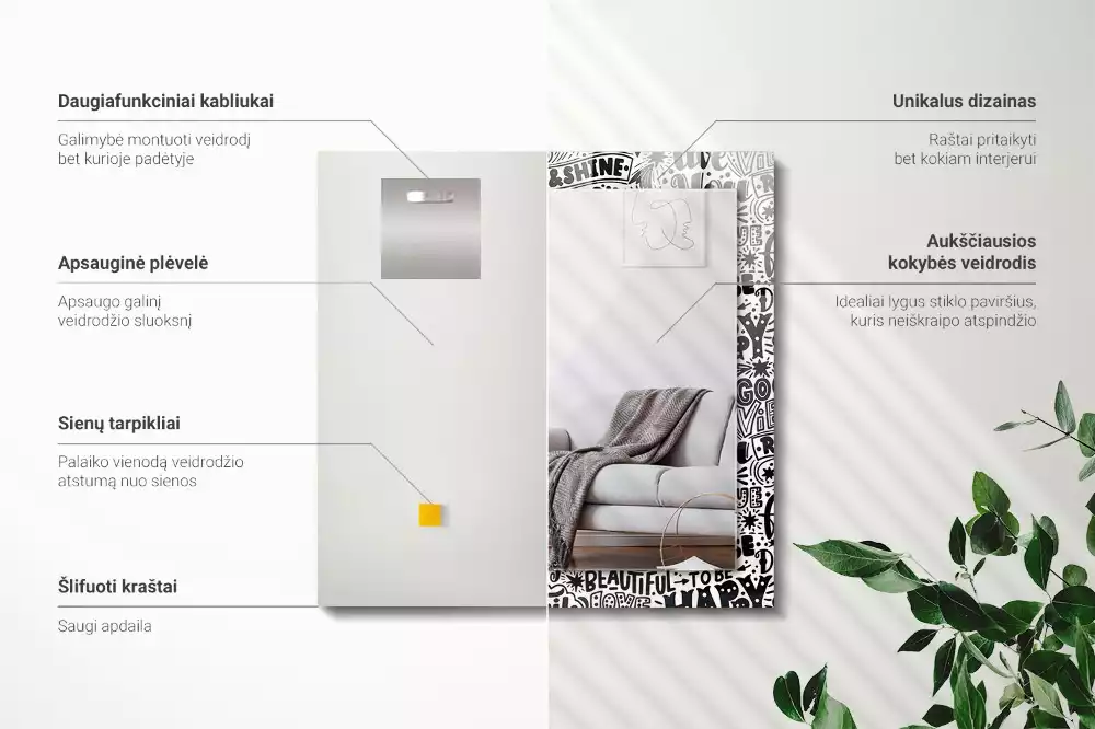 Obdélníkové zrcadlo rám s potiskem ručně psaná motivační hesla