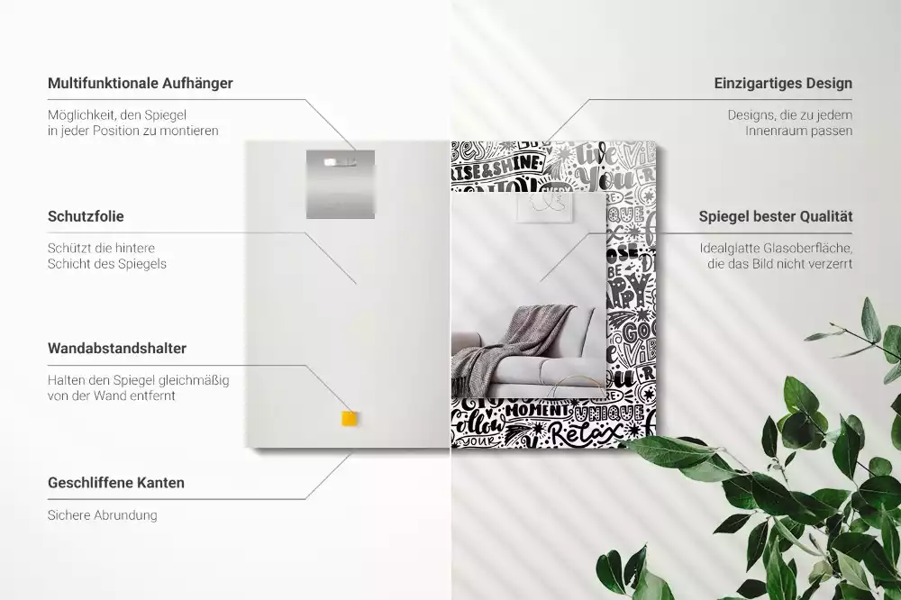 Obdélníkové zrcadlo rám s potiskem ručně psaná motivační hesla