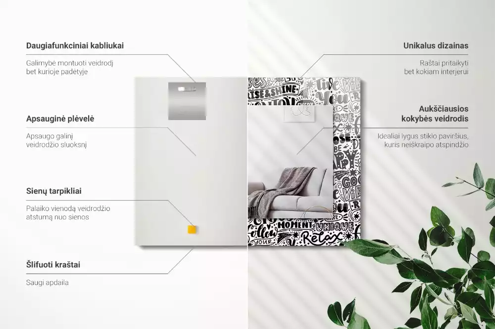 Obdélníkové zrcadlo rám s potiskem ručně psaná motivační hesla