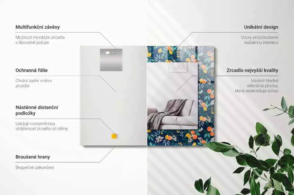 Obdélníkové dekorační zrcadlo na zeď květiny s ovocem
