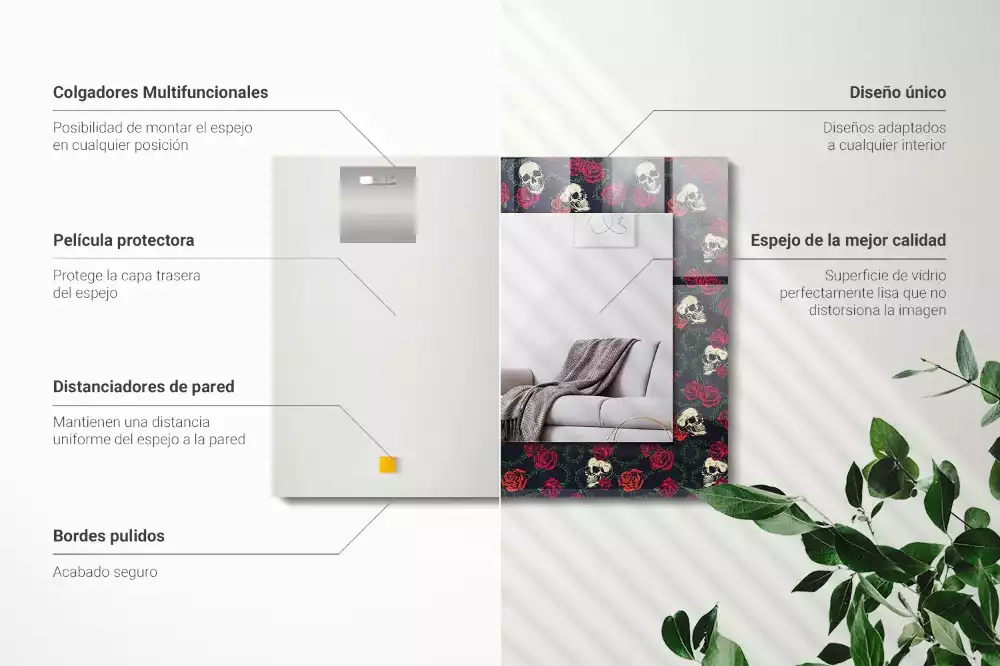 Obdélníkové dekorační zrcadlo na zeď lebky růže a trny