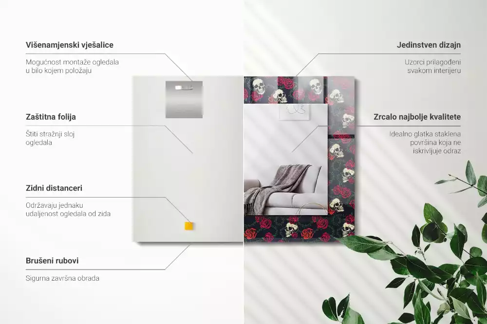 Obdélníkové dekorační zrcadlo na zeď lebky růže a trny