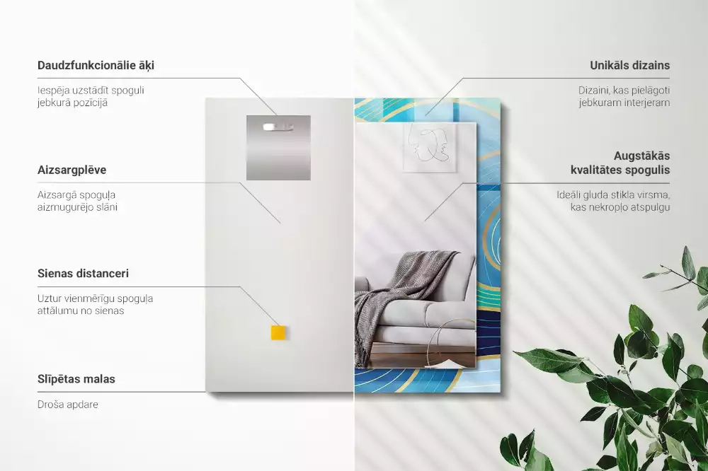 Obdélníkové zrcadlo s dekorem světle modré vlnité vzory