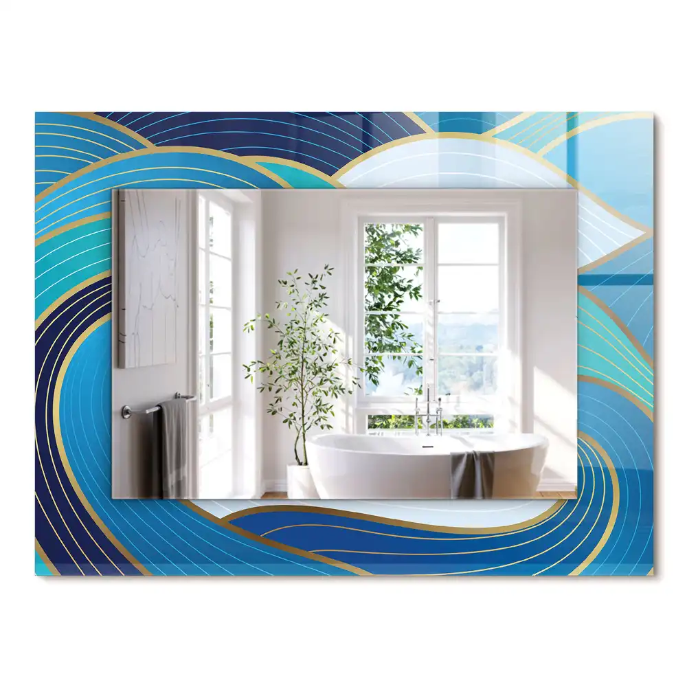 Obdélníkové zrcadlo s dekorem světle modré vlnité vzory
