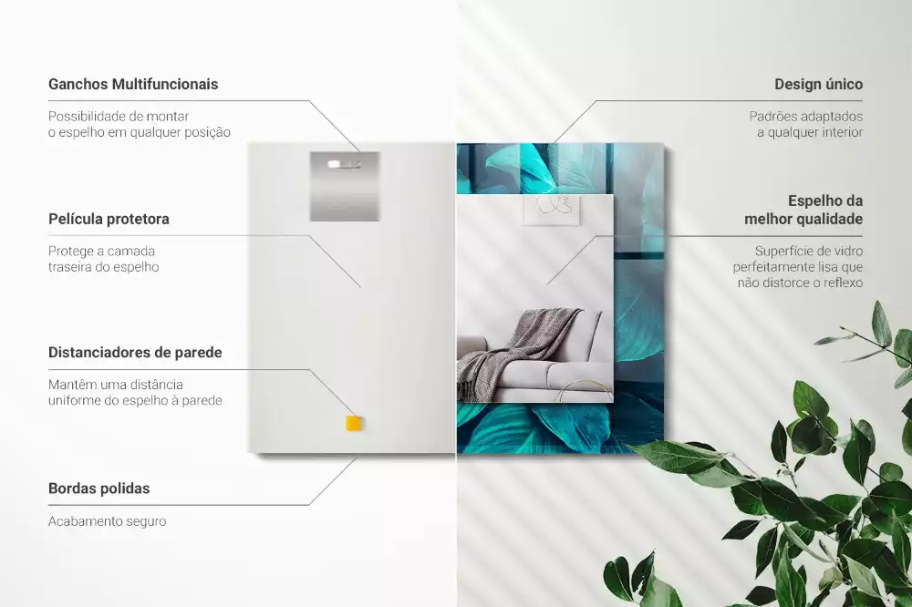 Obdélníkové dekorační zrcadlo na zeď zelené listy