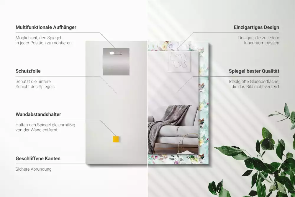 Obdélníkové zrcadlo rám s potiskem květinový motiv s ptáky