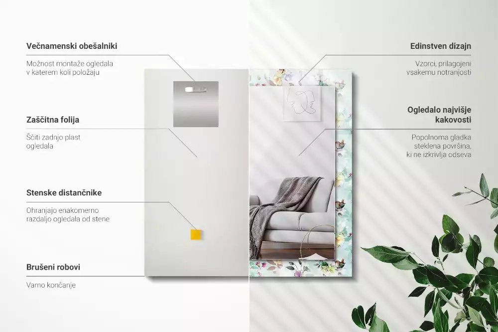 Obdélníkové zrcadlo rám s potiskem květinový motiv s ptáky